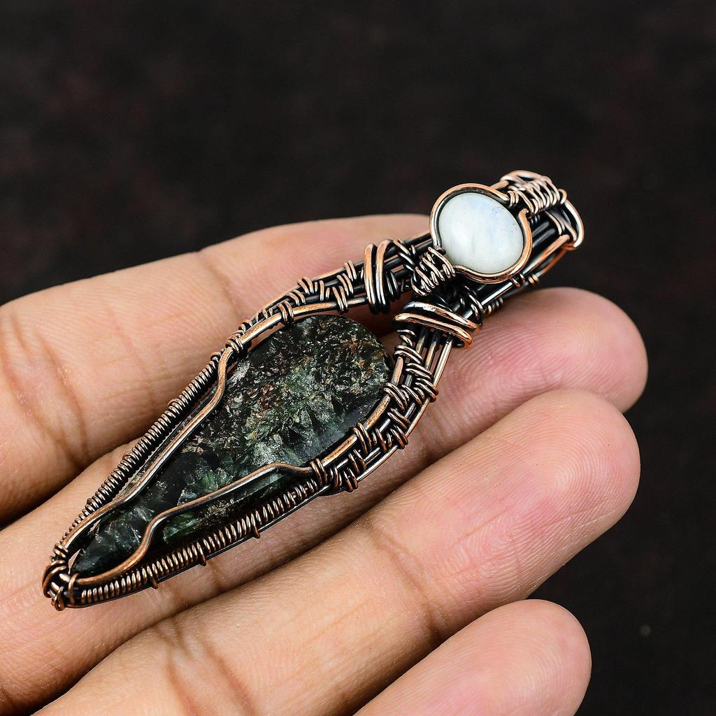 Серафинит Медный Кулон Медная Проволока Обернутый Кулон Драгоценный Камень Дизайнерские Ювелирные Изделия Кулон Лунный Камень Ювелирные Изделия Ручной Работы Серафинит Подарок Для Мамы