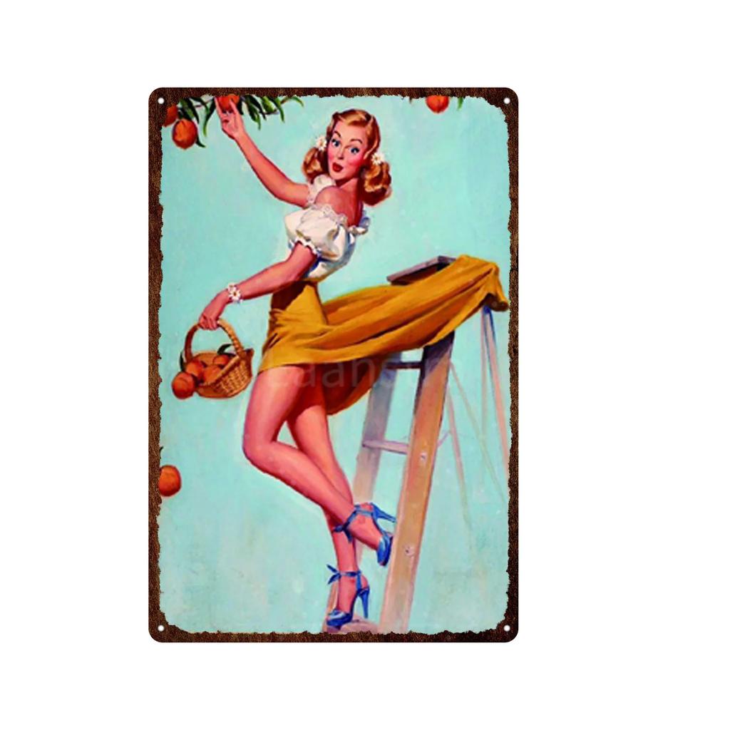 Жестяная картина Элегантная девушка пин-ап Ретро постеры Жестяная табличка Металлическая табличка Декор Стена Женский портрет Бар Паб Клуб Мужская пещера Картинки