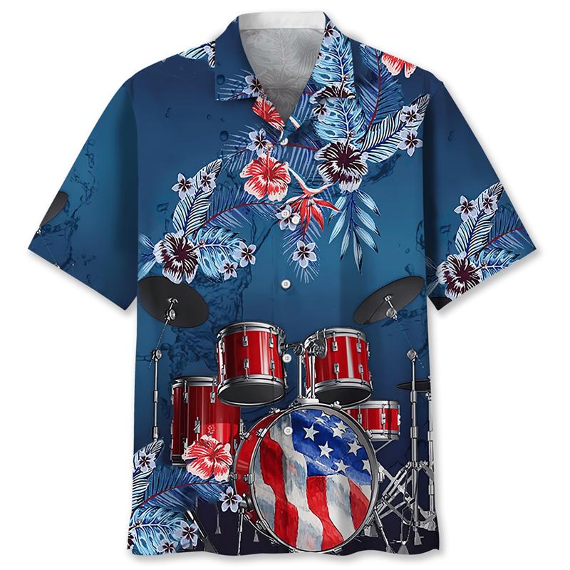 Vintage Drums Hawaiian Shirt For Men Musical Instruments Graphics Short Sleeves Shirts Street Loose