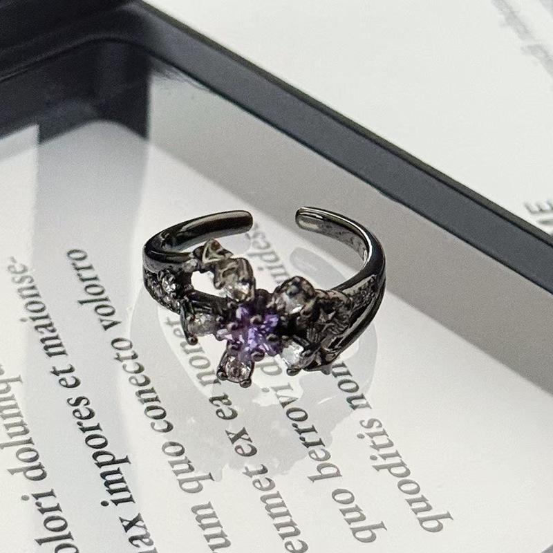 Винтажное кольцо с темной лозой, розово-фиолетовым бриллиантом, открытое кольцо-лепесток, нишевое, с высоким чувством стиля, простое кольцо