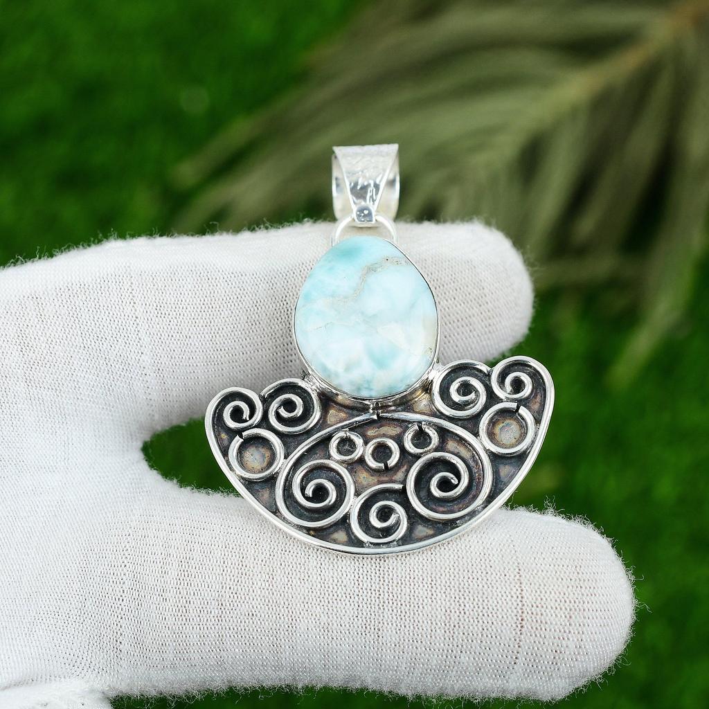 Sterling Silver Oval Larimar Stone Wedding Sister Birthday Bezel New Pendant