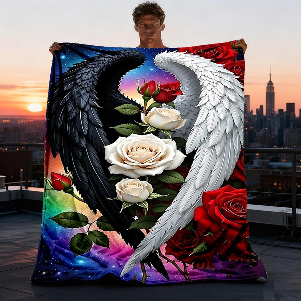 1pc Angel Wings Roses Throw Blanket Polyester Fiber, Lightweight Flannel, Soft & Warm, All Season Use for Outdoor, Camping