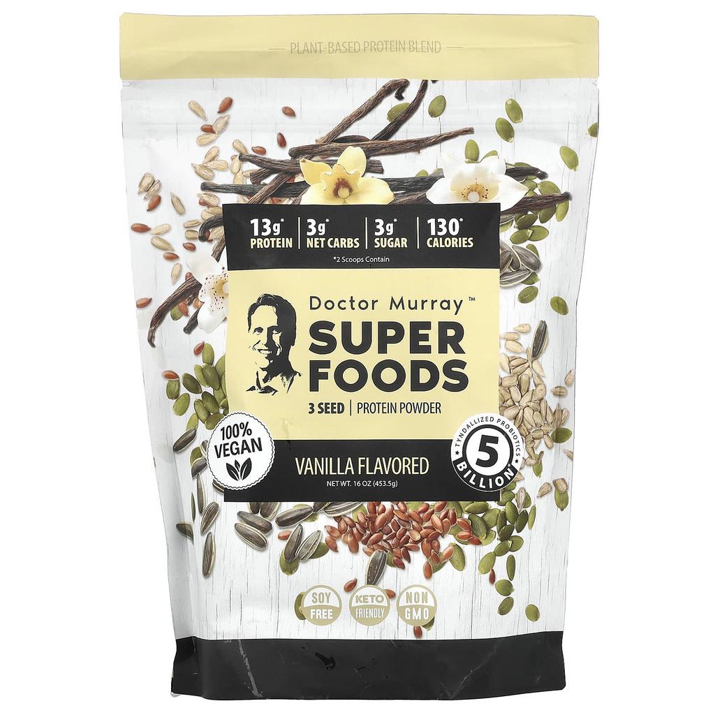 Dr. Murray's Superfoods, 3-Seed Protein Powder, Pumpkin + Flax + Sunflower, Vanilla, 16 Oz (453.5 G)