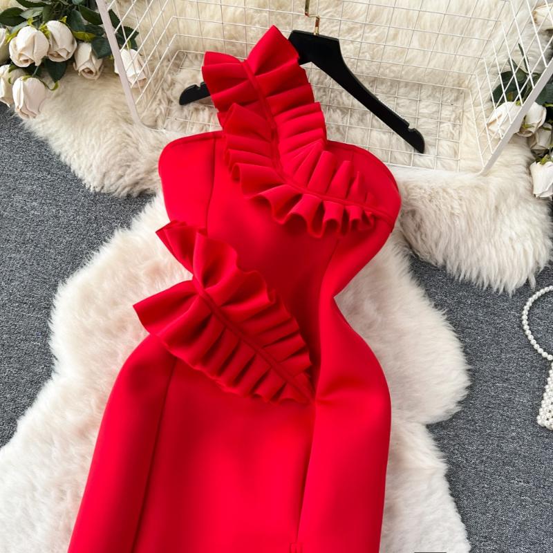 Шикарное цельное платье без бретелек с открытыми плечами, женское сексуальное платье без рукавов с плиссированными оборками, женское корейское модное винтажное вечернее платье 2025