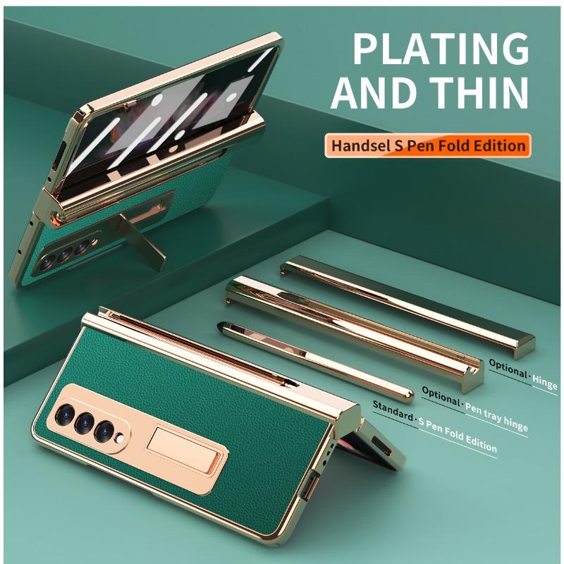 Plating Leather Case For Samsung Galaxy Z Fold 6 4 3 2 5 360 Full Protection Tempered Glass Kickstand Phone Cover