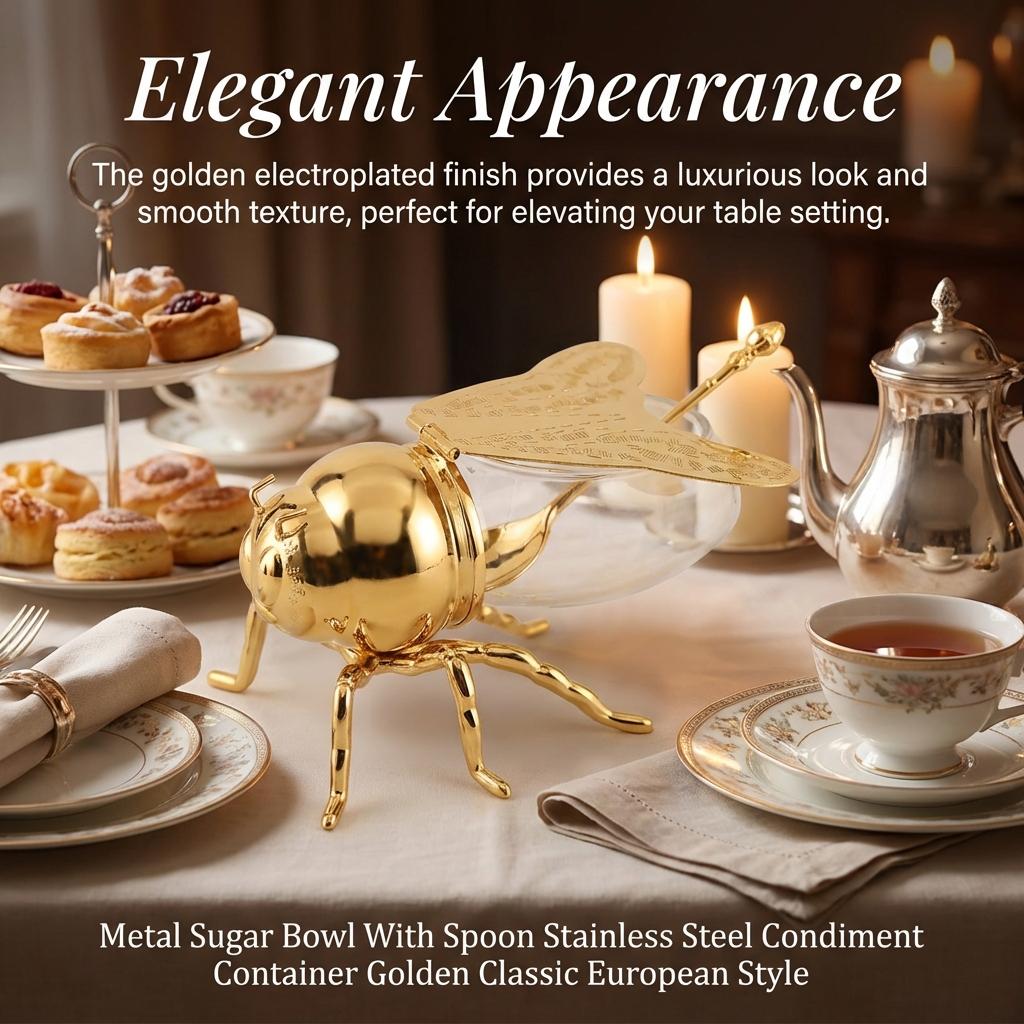 Metal Sugar Bowl With Spoon Classic European Style Stainless Steel Condiment Container