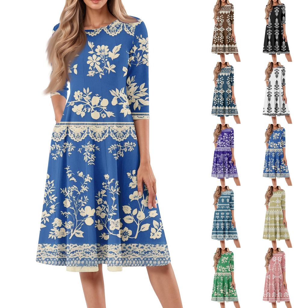 Women's Loose Casual And Fashionable Round Neck Seven Quarter Sleeved Printed Mid Length Dress