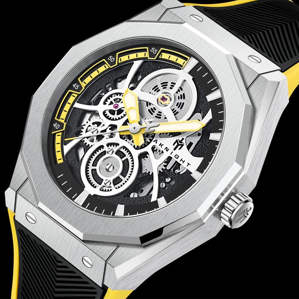 Механические часы Водонепроницаемые 100 м Автоматические часы Скелетон Крутые Стильные наручные часы Роскошные водонепроницаемые светящиеся желтые часы AKNIGHT для мужчин