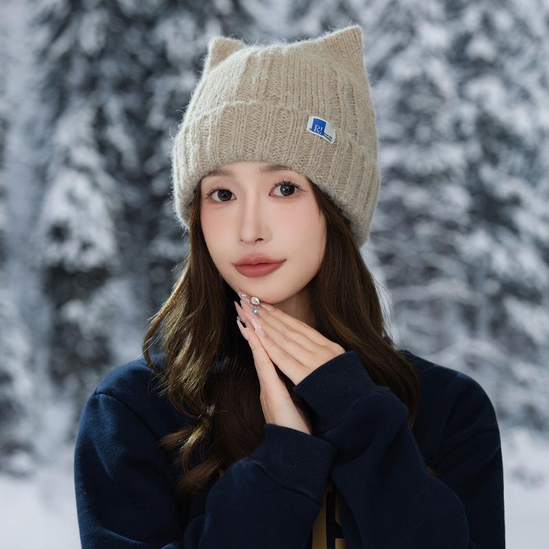 Korean Version of Versatile Cat Ears Plus Velvet Hat for Women's Autumn and Winter Casual Windproof Pullover Hat Outdoor Warm Hat