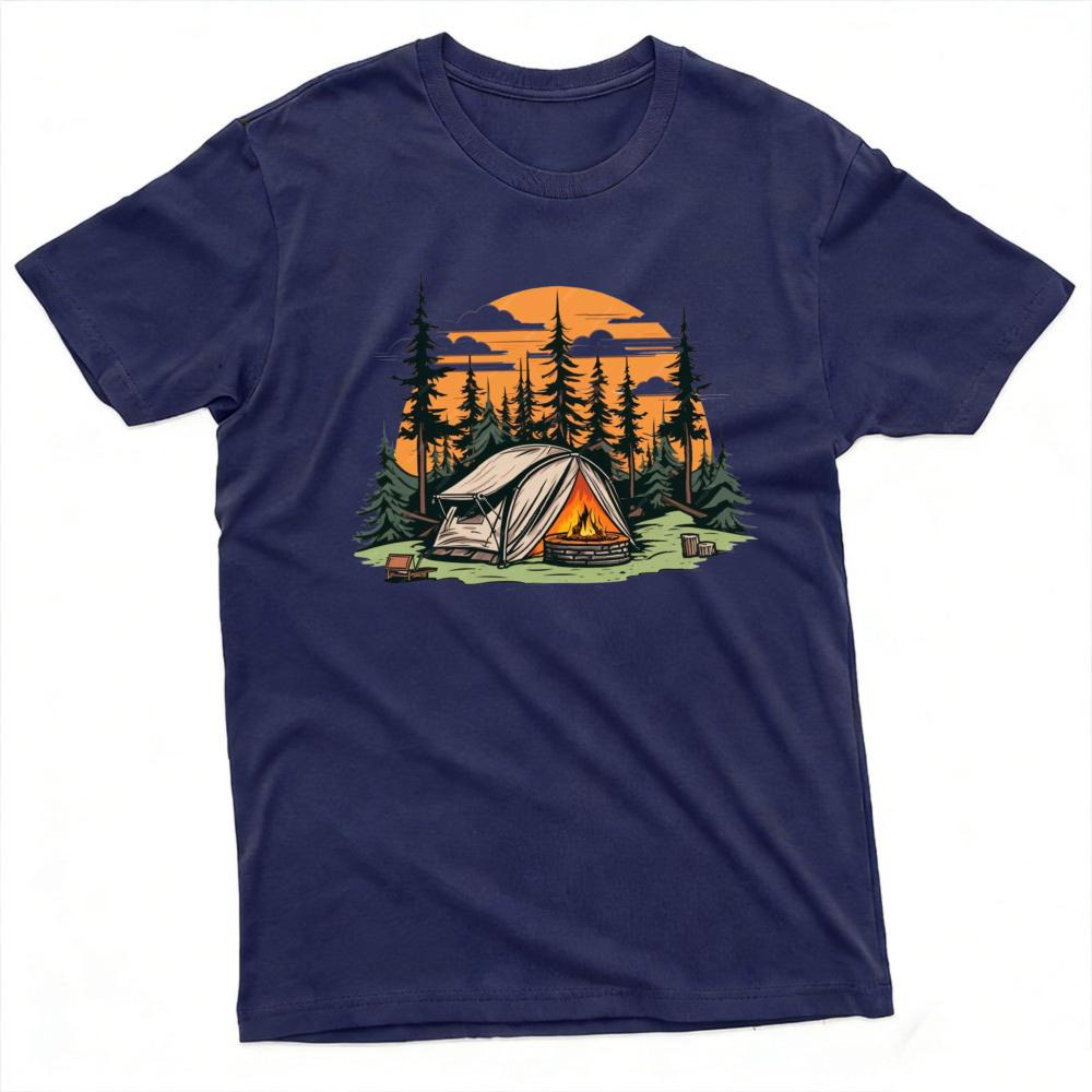 Sunset Forest Camp Tent Bonfire Graphic Tee Unisex Cool Outdoor Lifestyle T Shirt Relaxing Nature Vacation Clothes Tops