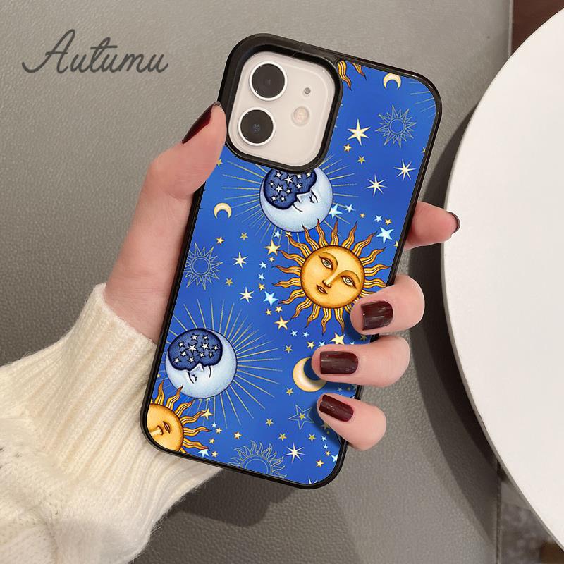 Синий чехол для телефона с изображением солнца и луны для iPhone 11 12 13 14 Pro Max mini X XR XS SE 2020 6S 7 8 Plus Samsung Galaxy S21 S22 Cover shell