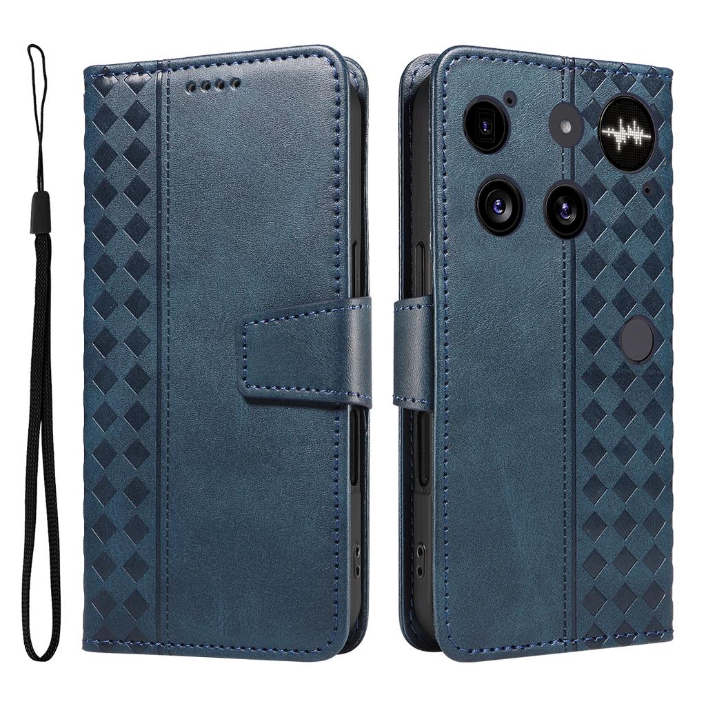 For Nothing Phone (3) 5G Leather Case Wallet Stand Grids Imprinted Phone Cover with Strap