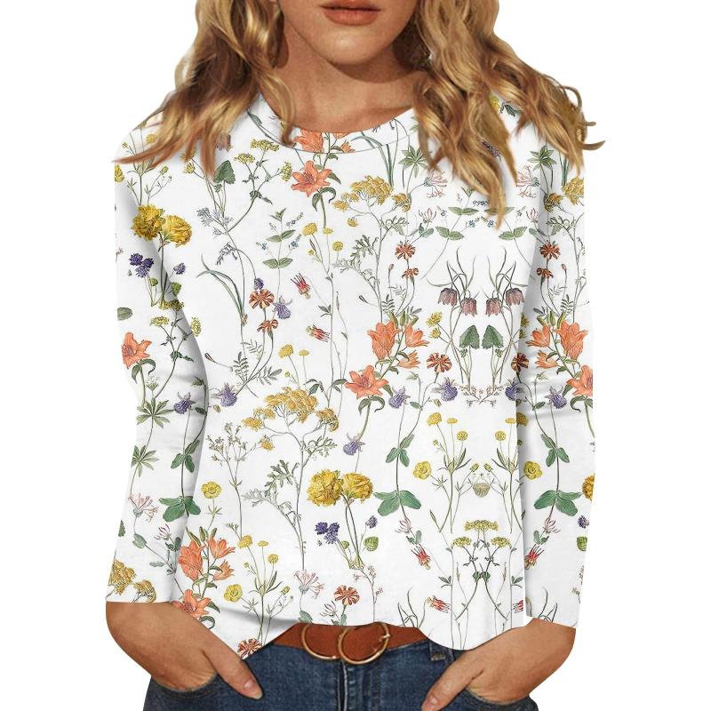 2025 Nouveau Femmes Fleur Mode Imprimé À Manches Longues T-shirt Sport Loisirs Mignon Polyester Ultra-mince Col Rond À Manches Longues