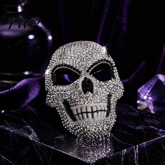 Full Face Skull Mask Rhinestone Halloween Mask, Sparkling And Cat Decorative Party Performance Adjustable Elastic Straps Costume for Carnival