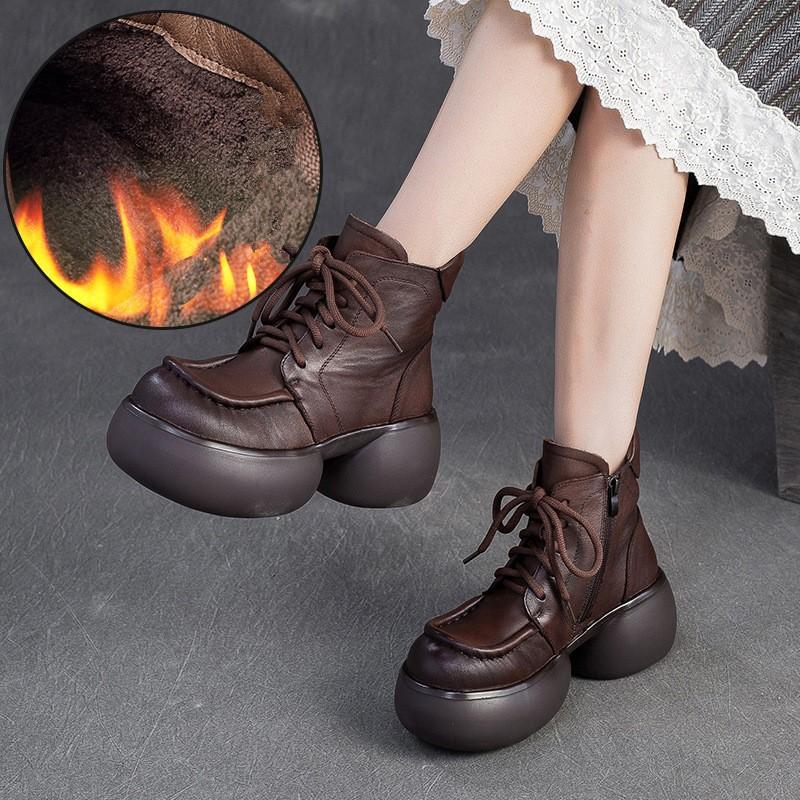 Johnature Натуральная кожа Британский стиль Ретро Толстая подошва Плюшевые Короткие ботинки Универсальная женская обувь на платформе