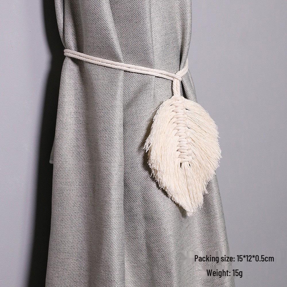 Bohemian Woven Curtain Tiebacks with Tassel, Leaf, and Wood Bead Decor