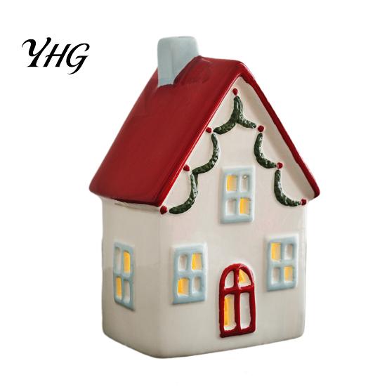 Small Festive Building Models Christmas Ceramic House Figurine, Glowing Window & Chimneys Holiday Decor, Indoor Displays Miniature Tabletop