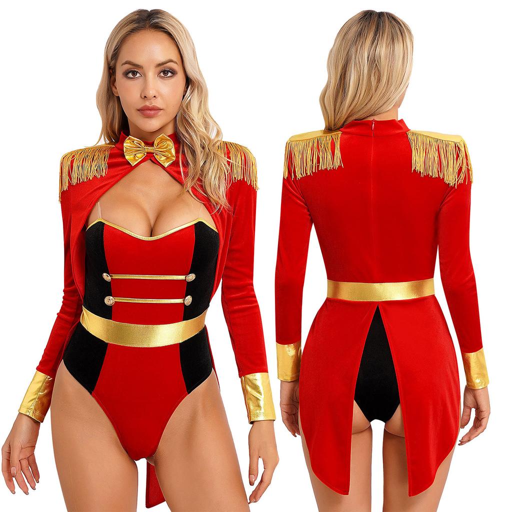 Womens Circus Ringmaster Halloween Cosplay Bodysuit Fringe Epaulette Bow Long Sleeve Velvet Jumpsuit