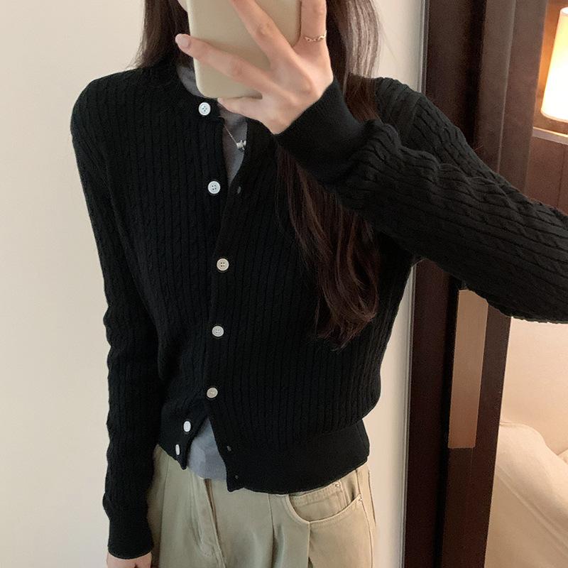 Шикарный вязаный кардиган с длинными рукавами и текстурой Twist для женщин, осенний новый корейский дизайн, короткий топ