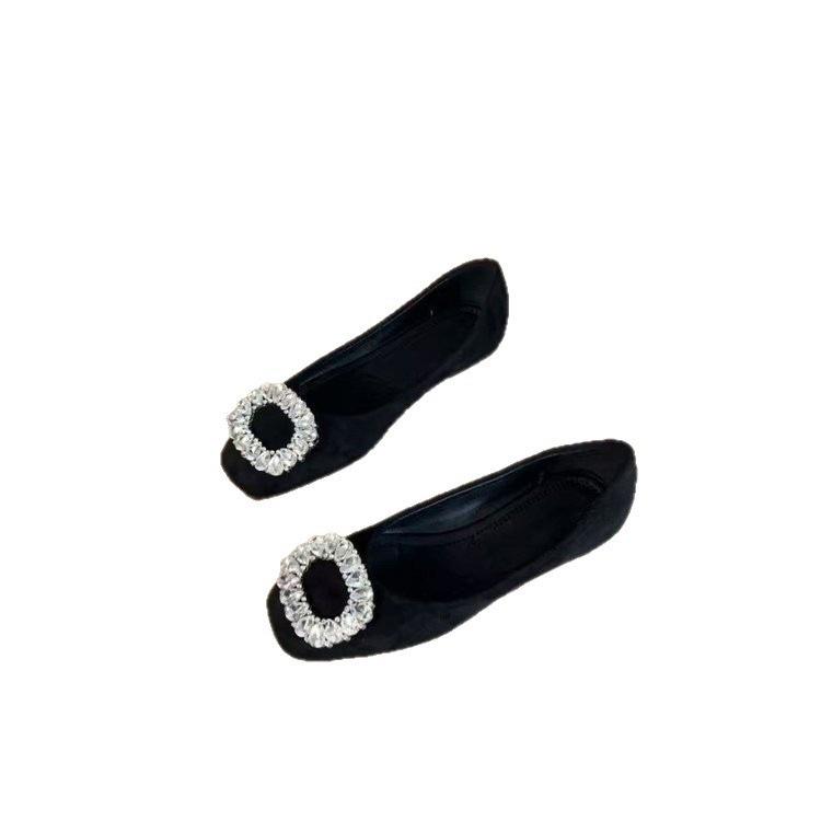 French thick black aesthetic rhinestone shallow mouth single shoes new spring thick heel ladyshoes flat Mary Jane shoes with skirt
