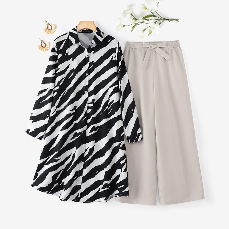 ZANZEA Женский повседневный комплект из двух предметов: длинная блузка и брюки с принтом зебры