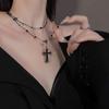 Gothic Black Rhinestone Cross Jesus Pendant Choker Necklace for Women Punk Vintage Double Layer Chain