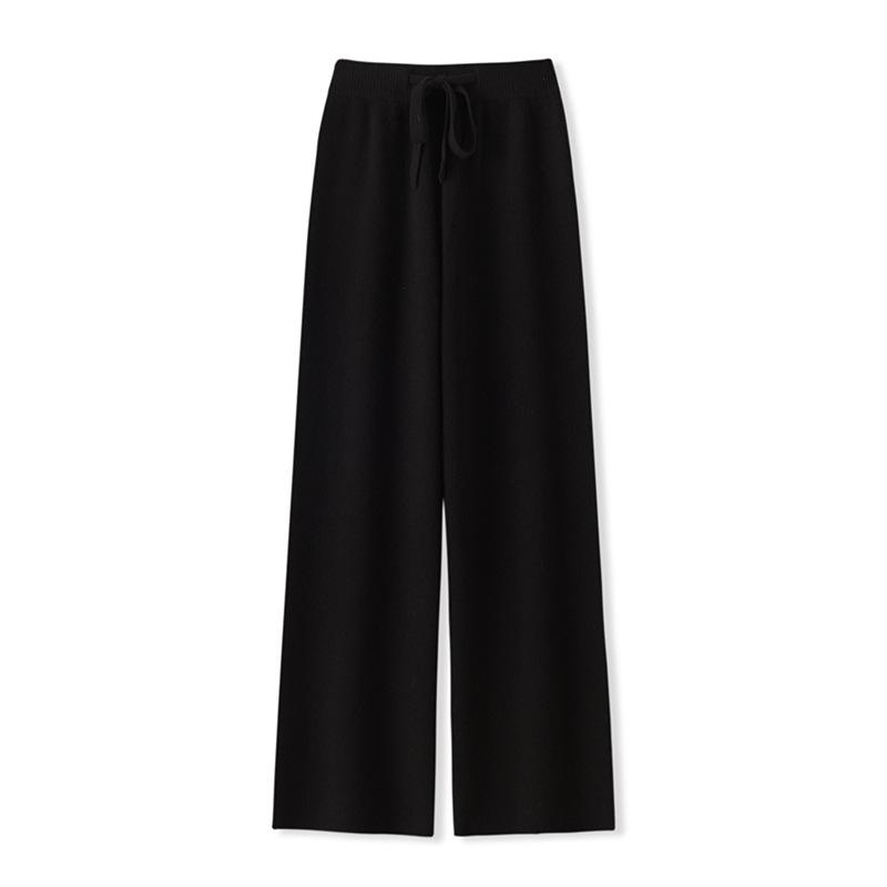 Женские шерстяные брюки с высокой талией и широкими штанинами: Осень/Зима, Плотный и Теплый, Повседневный, Длинный, Вязаный, Прямой крой.