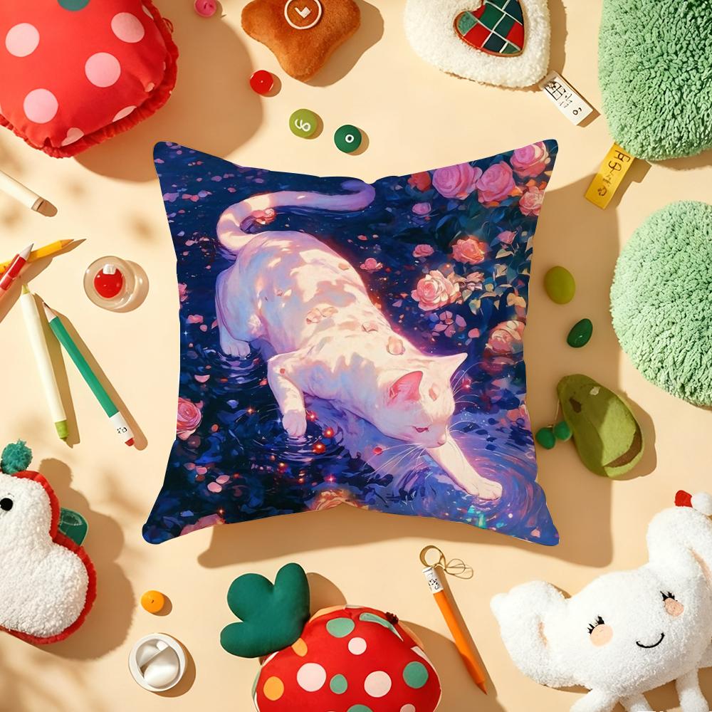 Cute Flower Cat Print Pillow Case Plush Fabric Soft DoubleSided Printed Sofa Warm Winter Home Gift Cushion Cover