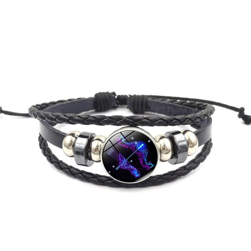Unisex Snap Bracelet Weaving Fashion 12 Constellation Bead Leather Charm Couple Bangles Gifts