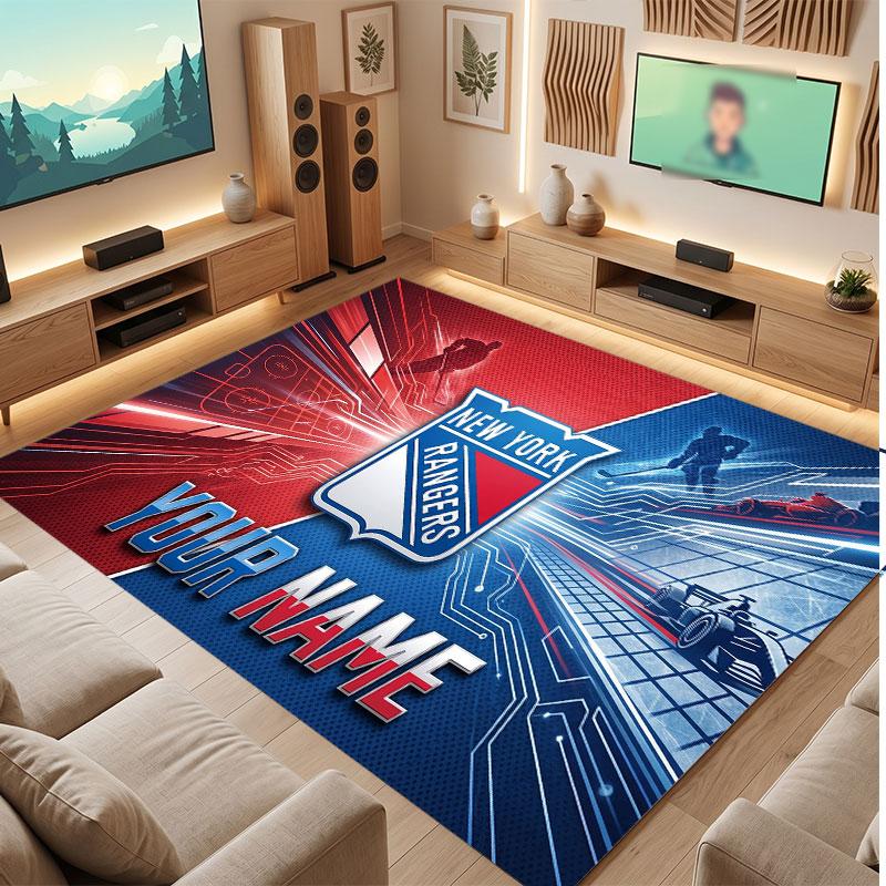 New York Rangers Personalized Crystal Velvet Carpet, Customized Name Text Soft Anti‑Slip Rug for Living Room Bedroom