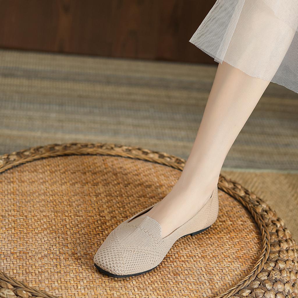 Shoes Single Shoes Women'S Deep Mouth Flying Shoes Woven Shoes Square Head Flat Bottom Knitted Large Size Egg Roll Shoes