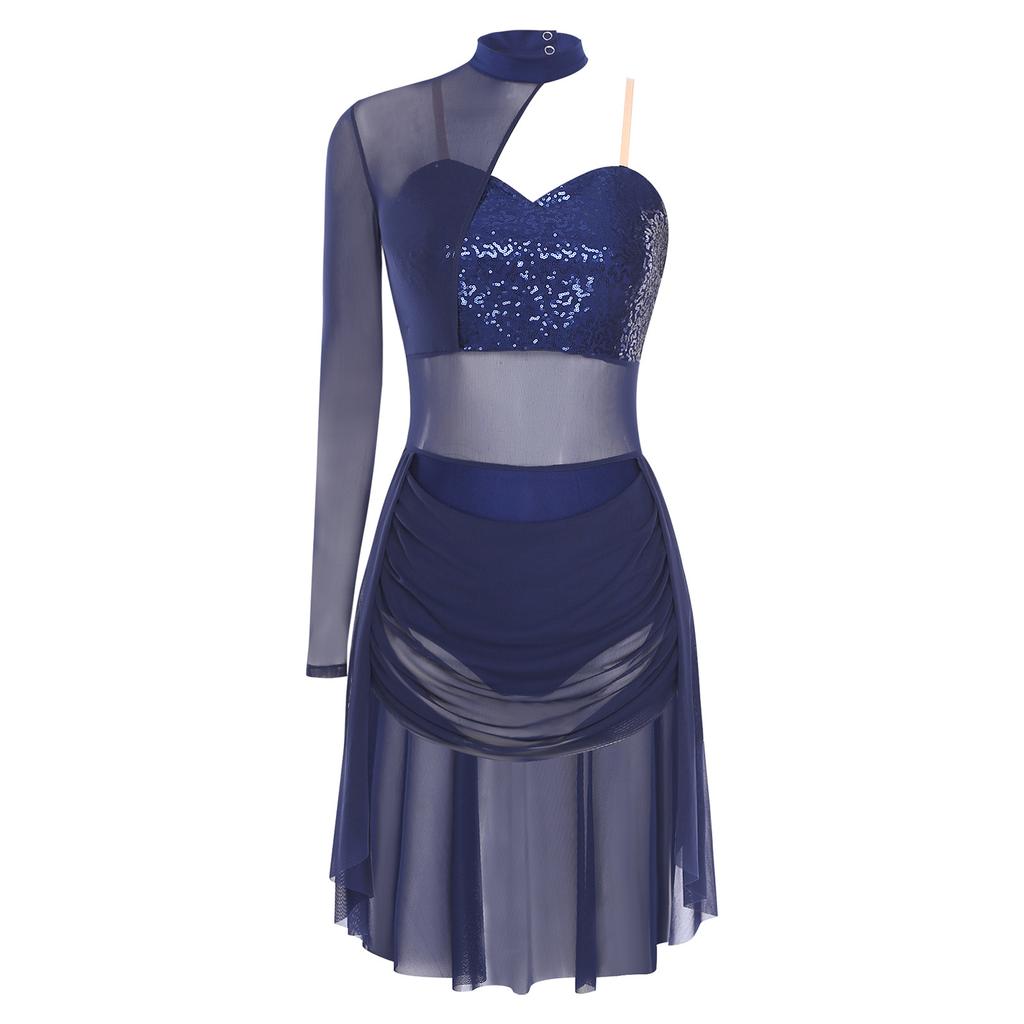 Женский лирический костюм для танца Водолазка Регулируемые бретели-спагетти На одно плечо Один рукав Леотард с пайетками