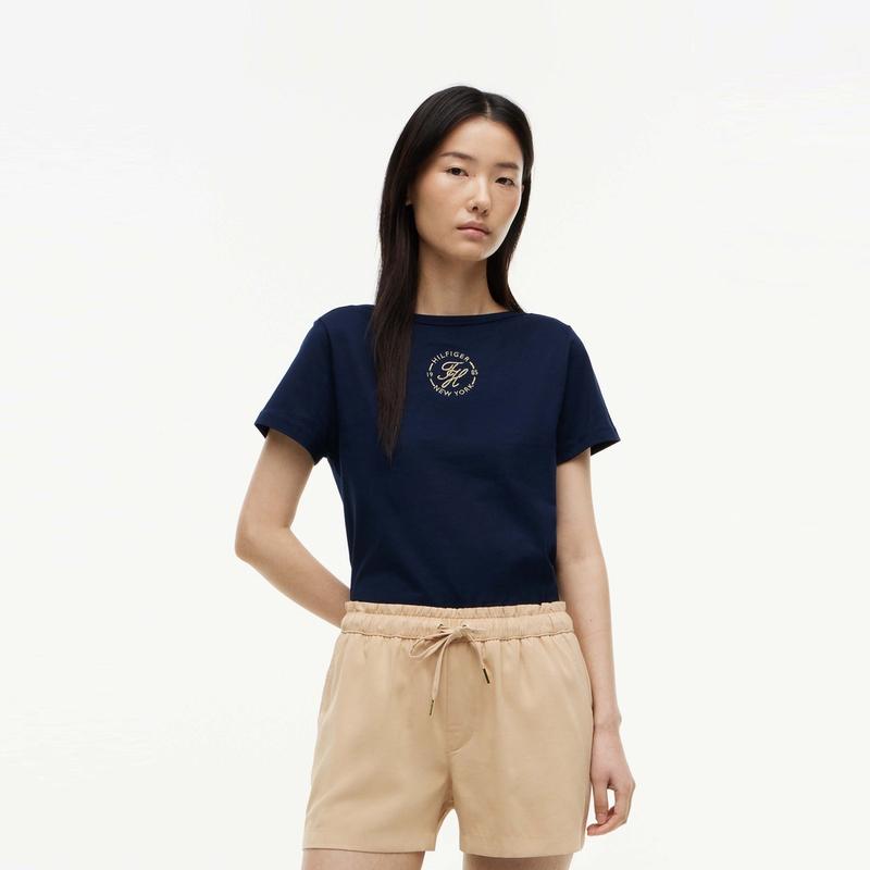 Tommy Hilfiger Хлопок Элегантный Повседневный Для Поездок На Работу С Вышивкой Лодочка Короткий Рукав Топ Футболка Женские топы WW0WW50037