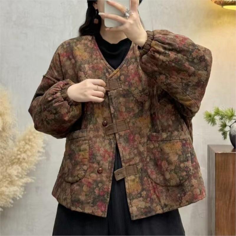 Johnature V-Neck Print Vintage Niche Single Breasted Woman Winter Loose Long Sleeves Coats