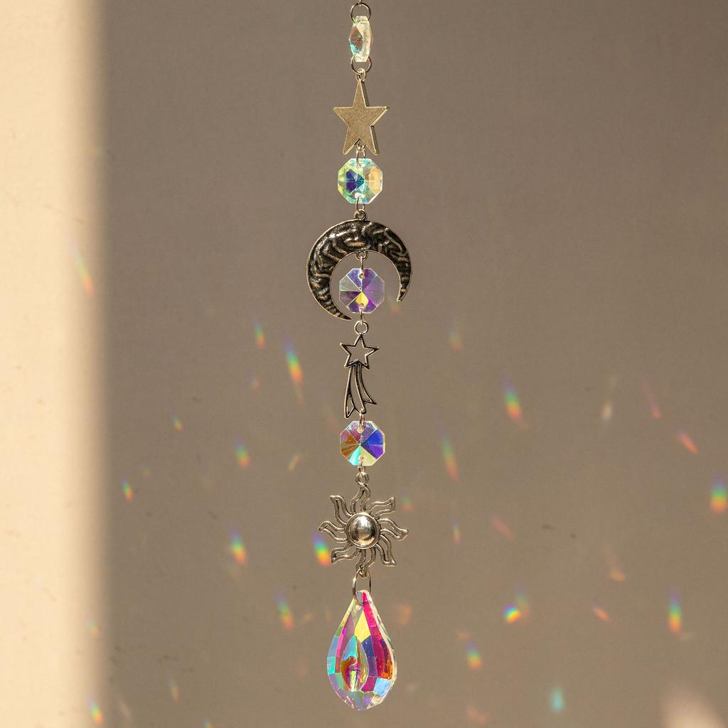 1PC Crystal Wind Chime with Moon Sun Catcher Diamond Prisms Dream Catcher Rainbow Pendant for Home Garden Decor