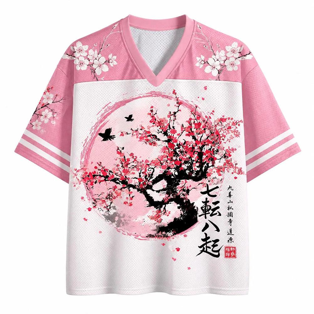 Sakura Cherry Blossom Jersey Japanese Art Mesh V-Neck Shirt Short Sleeve T‑Shirt Retro Floral Graphic Tee Tops for Men Women