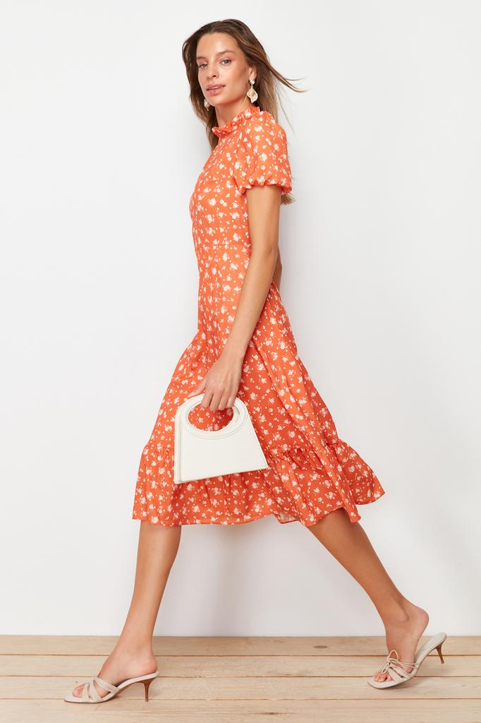 Women's Fashion New Dress Green Floral Patterned A-Line Flounce Lined Midi Woven Dress