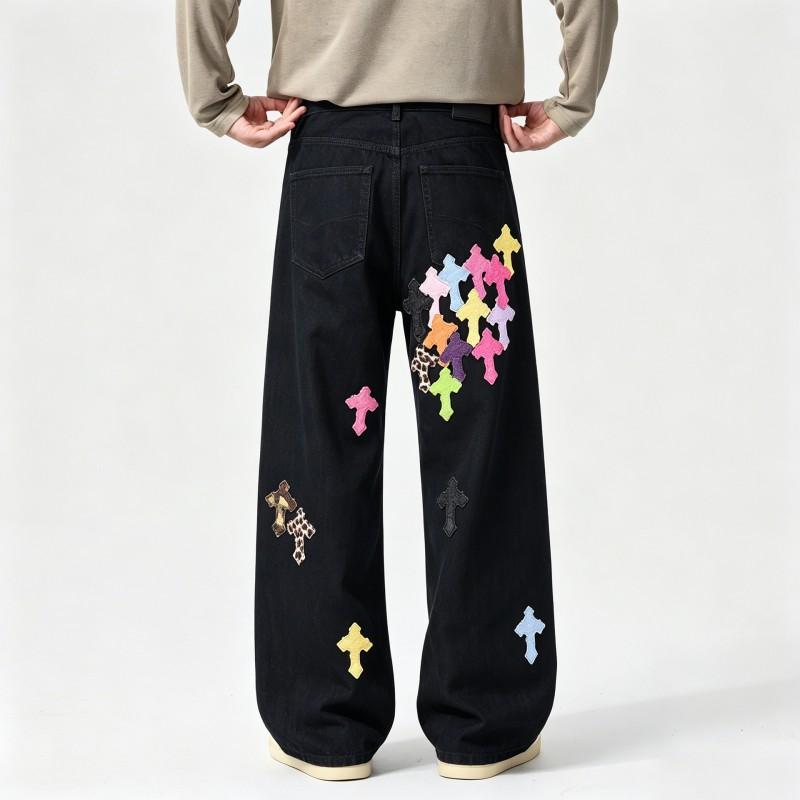 Men Women Unisex Straight Fit Denim Jeans Light Wash Distressed Hand Painted Casual Streetwear Low Rise