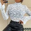 Women Tops Stand Collar Flared Long Sleeve Slim Fit Shirt Solid Color See-through Hollow Embroidery Lace Flower Pattern Tops
