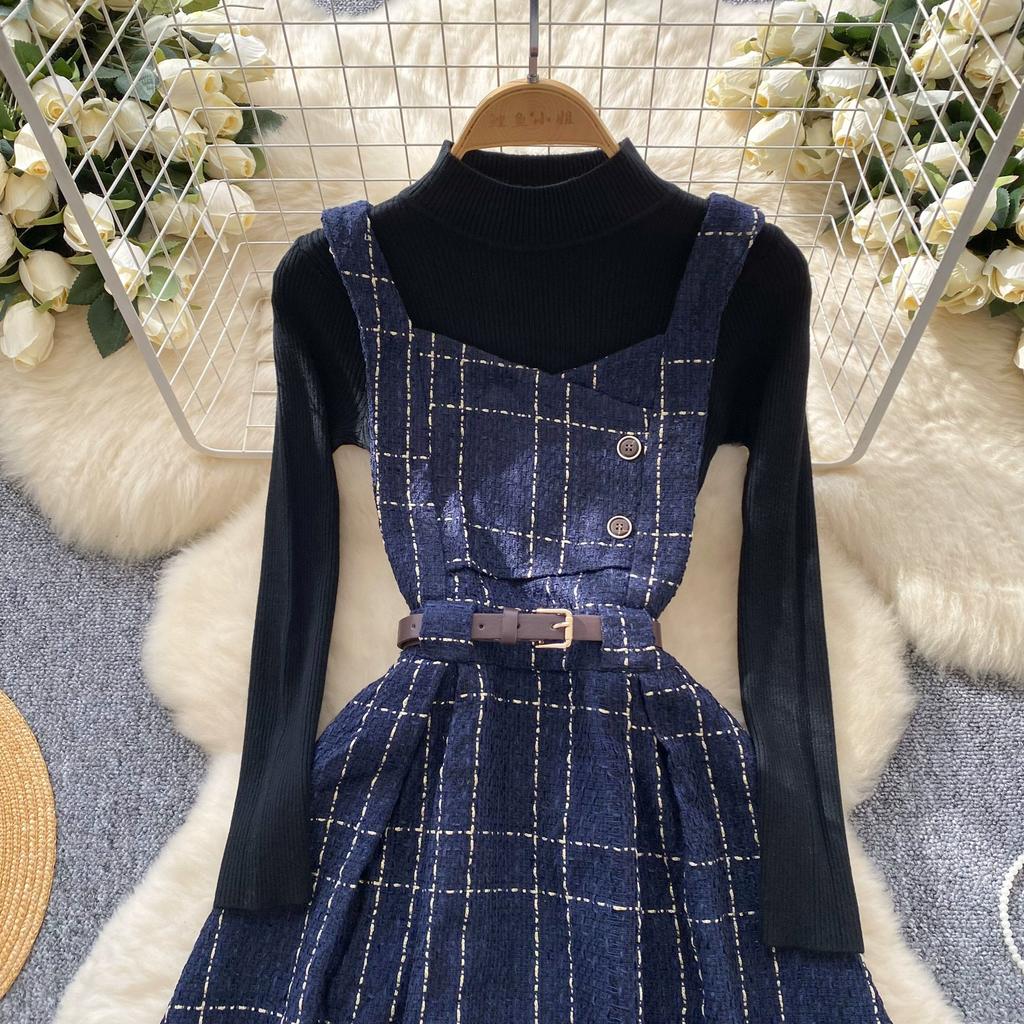 Осенне-зимний женский комплект свитер-платье, повседневный вязаный пуловер, топы + клетчатое твидовое платье, наряды из 2 предметов, женский с поясом