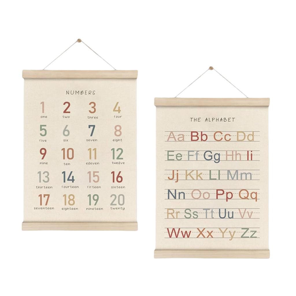2Pcs Alphabets and Number Learning Wall Hanging Decors Set Wood Frame Nursery Poster Hangers Frame Set for Toddlers