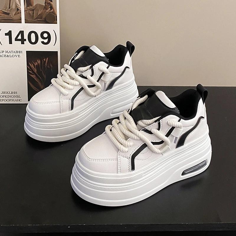 Новые шикарные женские кроссовки на платформе из кожи со шнуровкой, удобные, 8 см, толстая подошва, спортивная обувь, маленькие белые вулканизированные туфли