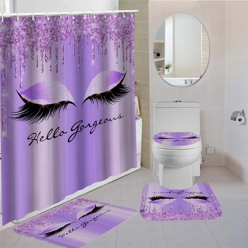 Girly Rose Gold Eyelash Makeup Shower Curtain Waterproof Toilet Cover Non-Slip Bath Mat Rug Carpet Toilet Seat Bathroom Sets