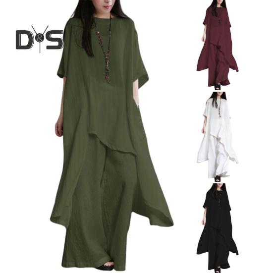 2Pcs/Set Cotton Linen Tops Pants Set O-neck Half Sleeve Irregular Hem Tops High Waist Long Pants Set Solid Color Casual Outfit