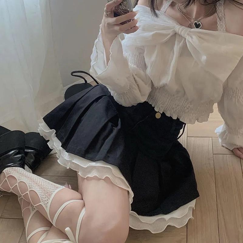 WTEMPO Милые кавайные японские плиссированные юбки с высокой талией для девочек, весна-лето, консервативный стиль, черно-белые мини-юбки