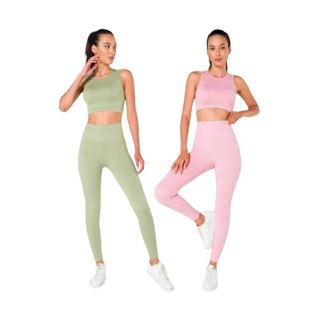 Women's Athlete Fitness Yoga Plates High Waist Tights-crop Ribbed Set 2 Pieces