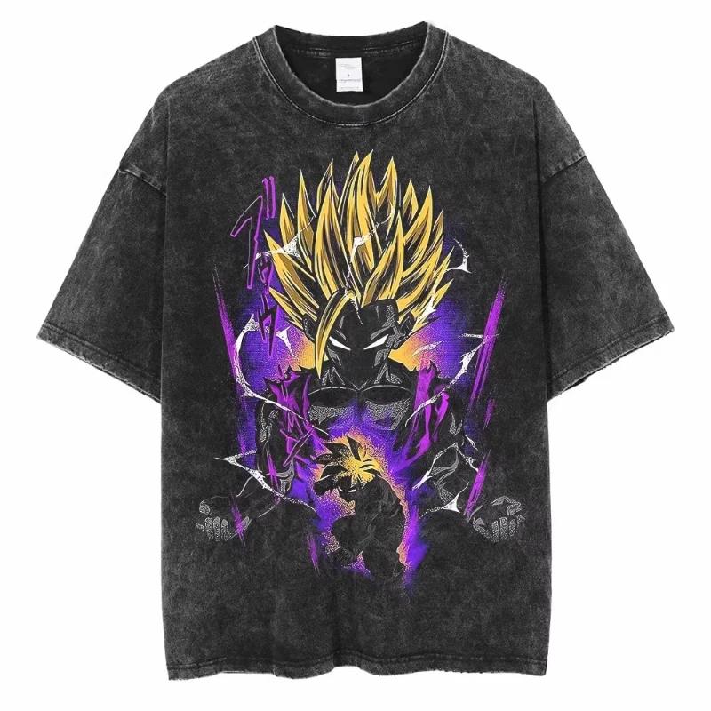 Аниме Dragon Ball Стиранная футболка Винтажный принт Goku Vegeta Хлопок Короткий рукав Свободный крой Мужчины Женщины Повседневная одежда Топы Лето 2026