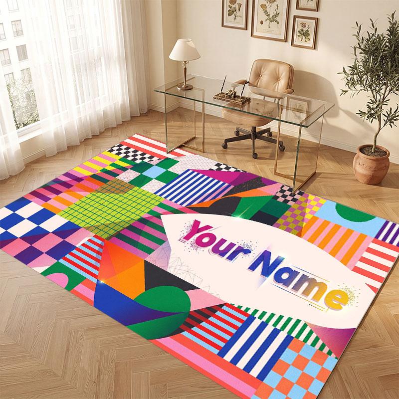 Abstract Geometric Theme Crystal Velvet Floor Rug Personalized Custom Name Text Warm Carpet Home Decoration
