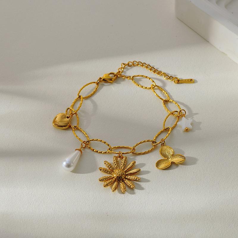 Stainless Steel Multi-Element Bracelet for Women Gold-Plated Heart Flower Sun Star Handmade Chain Luxury Jewelry Wedding Gifts