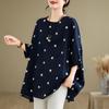 Summer Cotton Hemp Polka Dot Printed Blouse Large Size Art Retro Loose Bat Sleeve Top T-shirt for Women